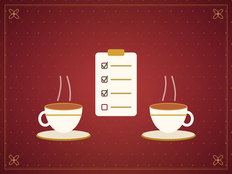 Illustration de deux tasses de thé face à face avec une petite liste entre elles, en rouge et or