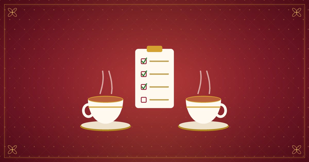 Illustration de deux tasses de thé face à face avec une petite liste entre elles, en rouge et or