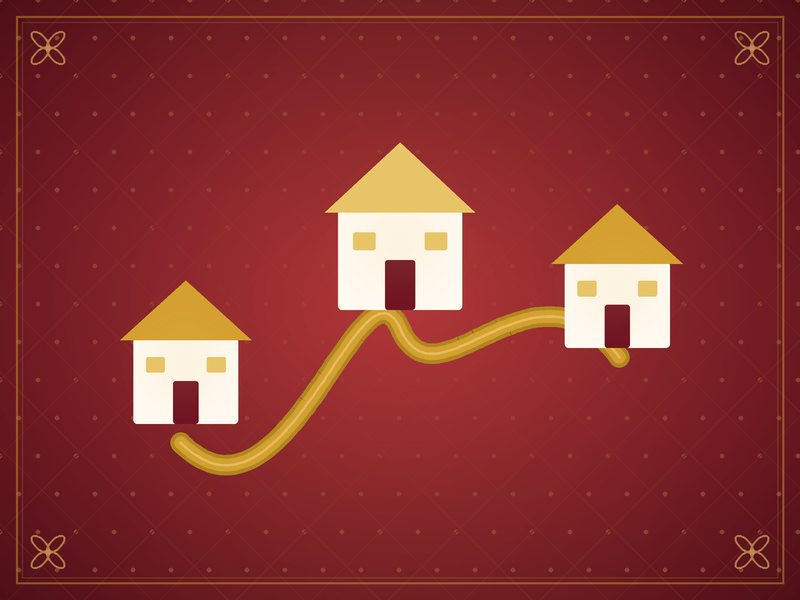 Illustration de trois petites maisons reliées par un chemin doré sinueux, en rouge et or