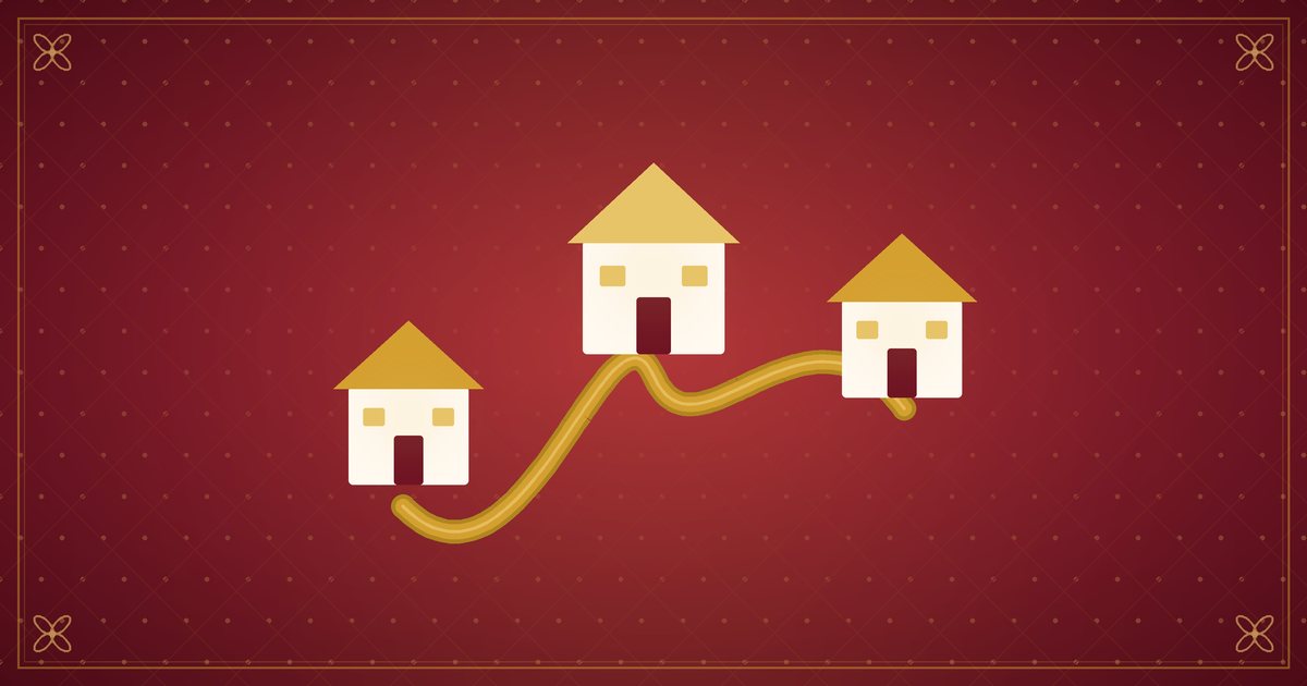 Illustration de trois petites maisons reliées par un chemin doré sinueux, en rouge et or