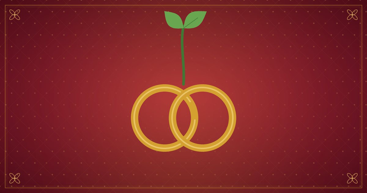 Illustration de deux anneaux d'or entrelacés et d'une jeune pousse verte, sur fond rouge chaleureux