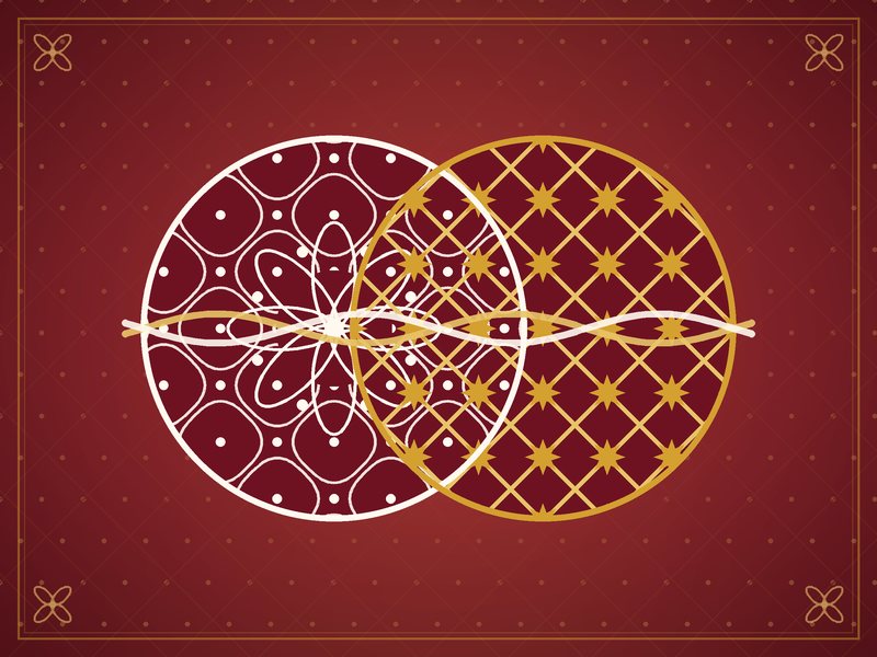 Illustration de deux motifs décoratifs différents, un kolam et un treillis, qui s'entrelacent, en rouge et or