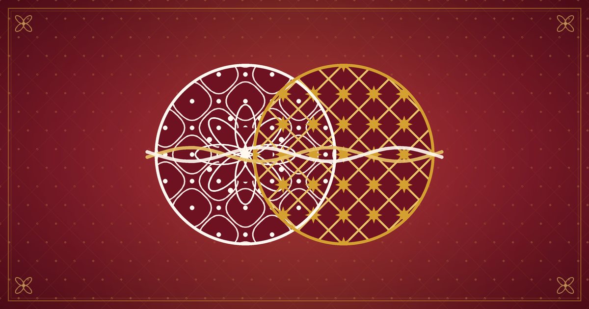 Illustration de deux motifs décoratifs différents, un kolam et un treillis, qui s'entrelacent, en rouge et or