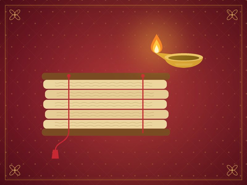Illustration d'un manuscrit sur feuilles de palmier près d'une petite lampe en laiton, en rouge et or
