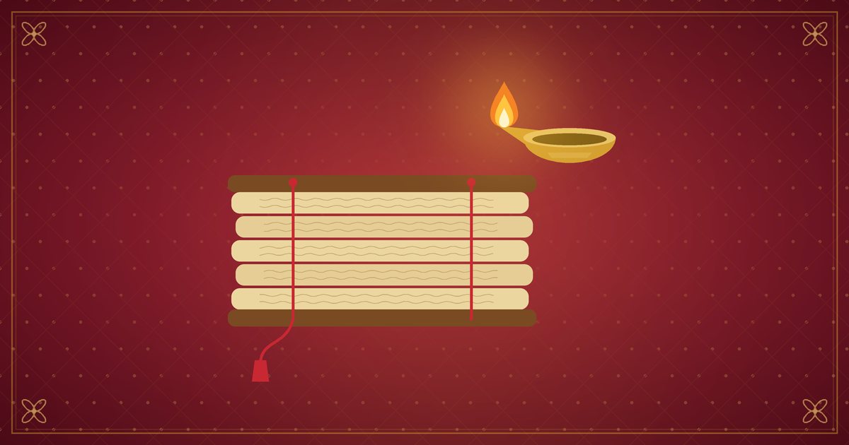 Illustration d'un manuscrit sur feuilles de palmier près d'une petite lampe en laiton, en rouge et or