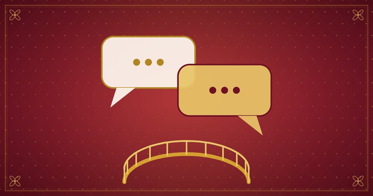 Illustration de deux bulles de dialogue qui se chevauchent, reliées par un petit pont, en rouge et or