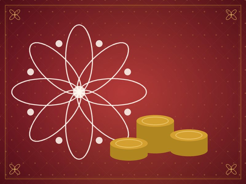 Illustration de pièces d'or empilées à côté d'un motif de kolam, en rouge et or