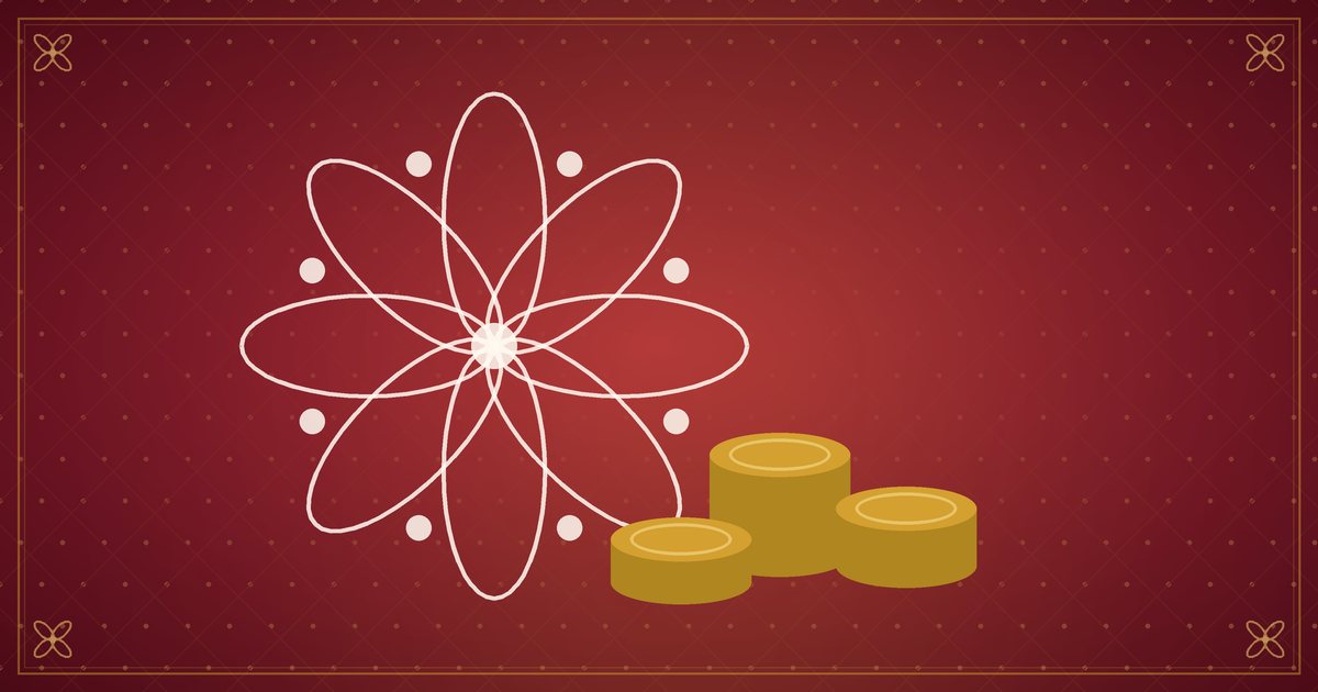 Illustration de pièces d'or empilées à côté d'un motif de kolam, en rouge et or