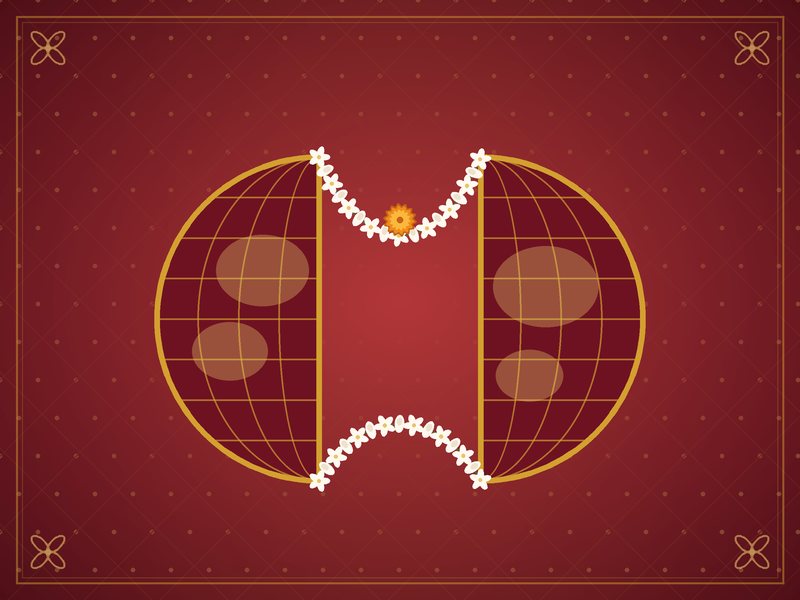 Illustration de deux moitiés de globe reliées par une guirlande de jasmin, en rouge et or