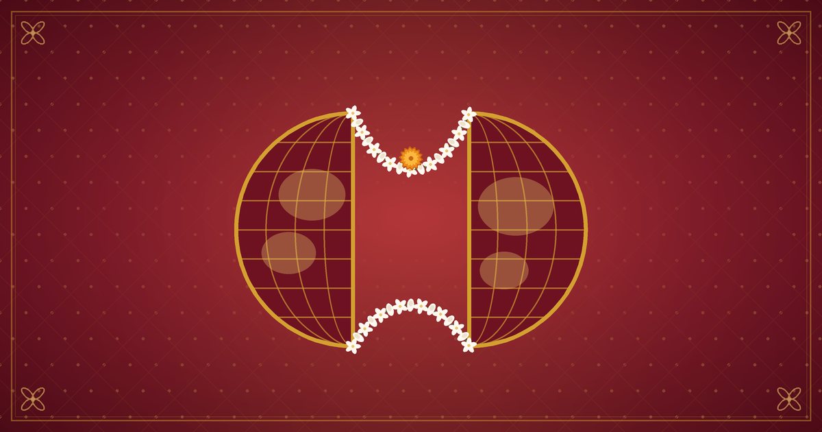 Illustration de deux moitiés de globe reliées par une guirlande de jasmin, en rouge et or