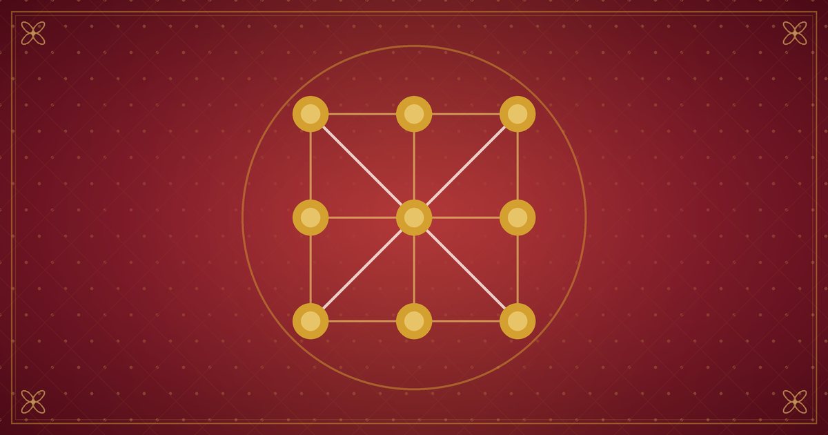 Illustration d'une grille de trois sur trois points dorés reliés par de fines lignes, en rouge et or
