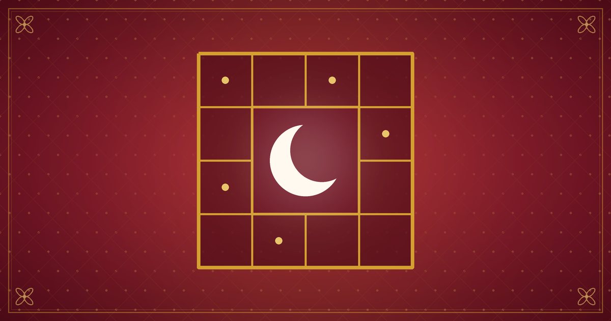 Illustration d'un carré de douze cases avec un croissant de lune au centre, en rouge et or