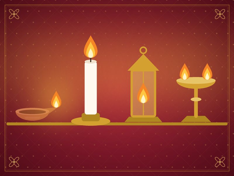 Illustration de quatre petites lampes de formes différentes allumées côte à côte, en rouge et or