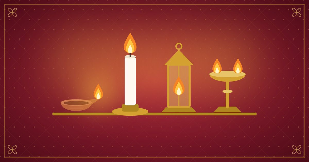 Illustration de quatre petites lampes de formes différentes allumées côte à côte, en rouge et or