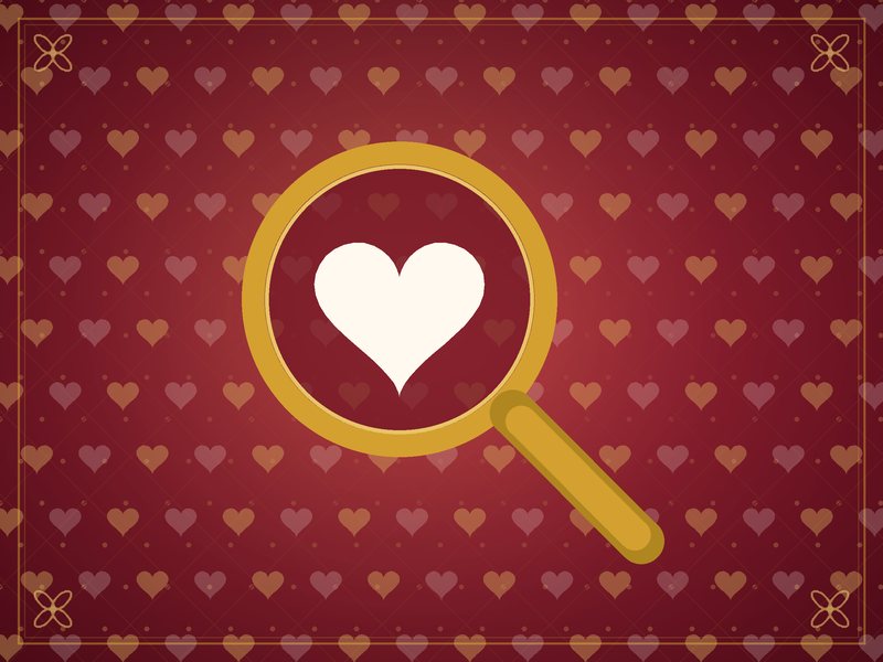 Illustration d'une loupe au-dessus d'un motif de petits cœurs, en rouge et or