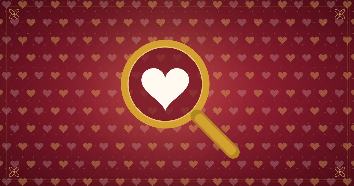 Illustration d'une loupe au-dessus d'un motif de petits cœurs, en rouge et or