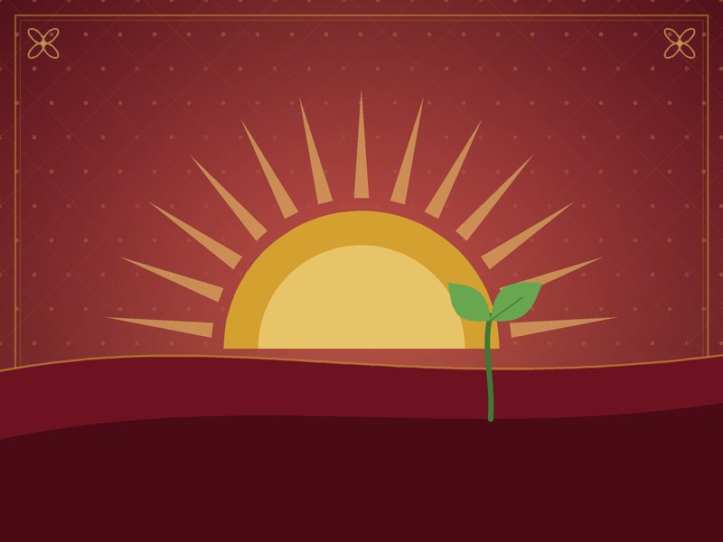 Illustration d'un lever de soleil sur un horizon doux avec une petite pousse verte, en rouge et or