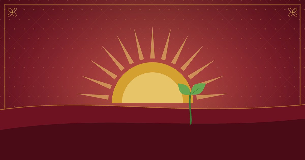 Illustration d'un lever de soleil sur un horizon doux avec une petite pousse verte, en rouge et or