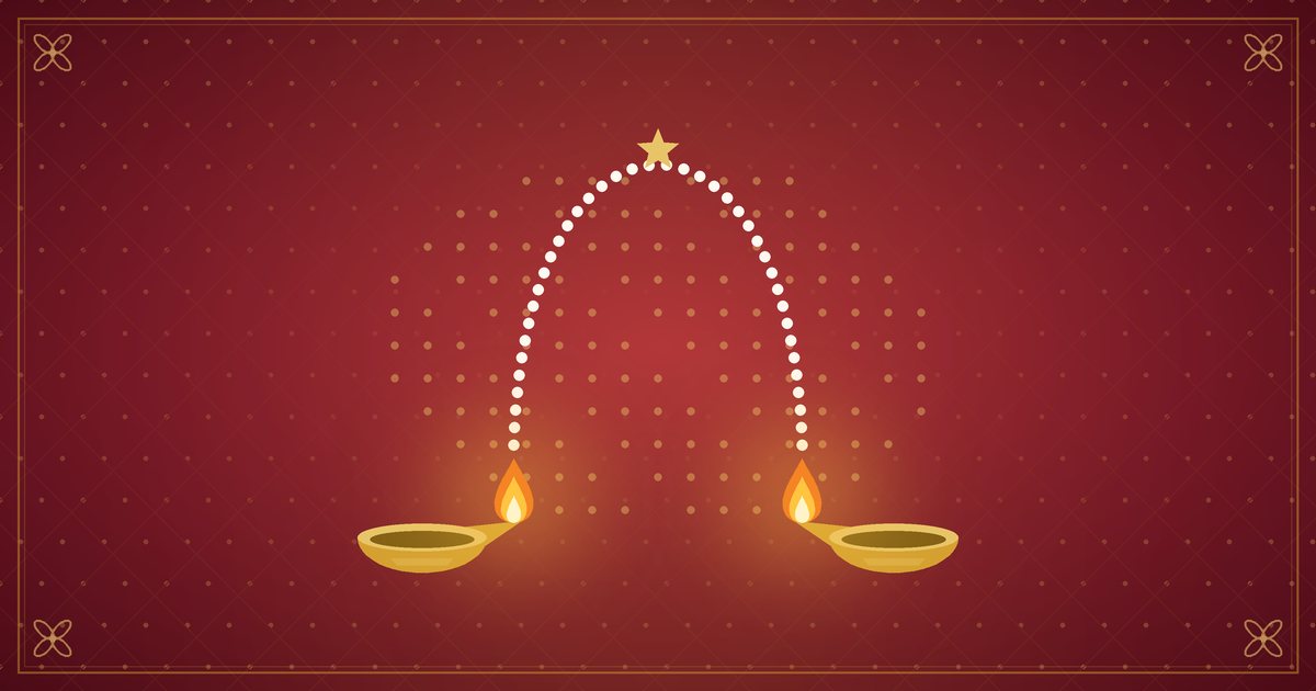 Illustration de deux lampes en laiton reliées par un arc pointillé, évoquant des familles de plusieurs pays, en rouge et or