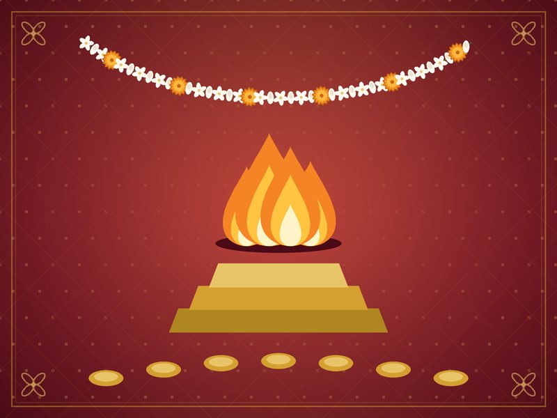 Illustration d'un feu sacré, de sept pas dorés et d'une guirlande, en rouge et or