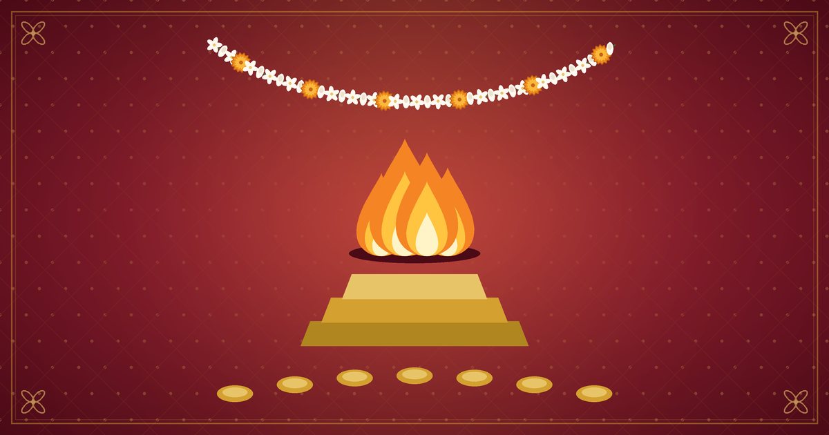 Illustration d'un feu sacré, de sept pas dorés et d'une guirlande, en rouge et or