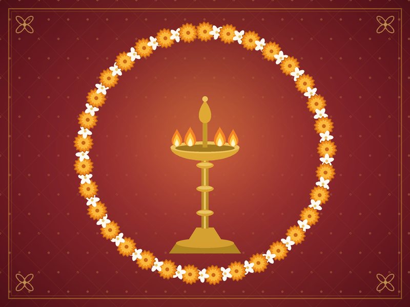 Illustration d'une guirlande de soucis encadrant une lampe à huile en laiton, en rouge et or