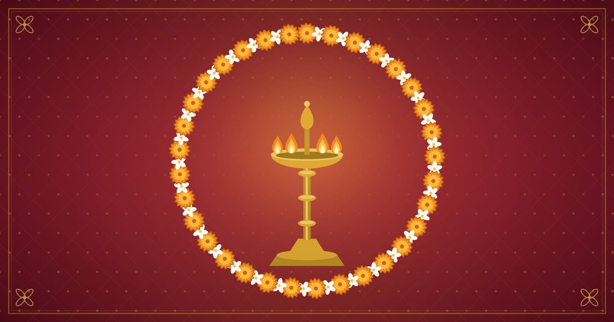 Illustration d'une guirlande de soucis encadrant une lampe à huile en laiton, en rouge et or