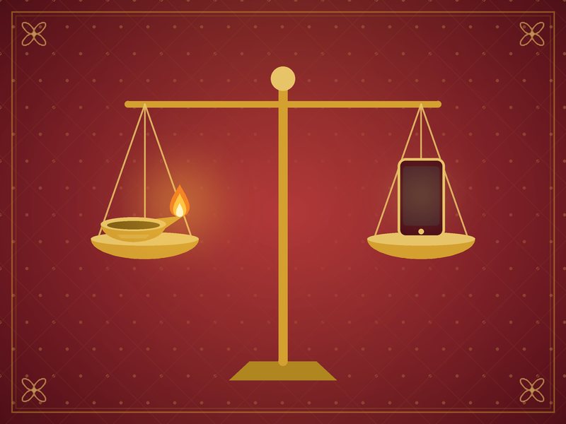 Illustration d'une balance portant une lampe en laiton et un smartphone, en rouge et or