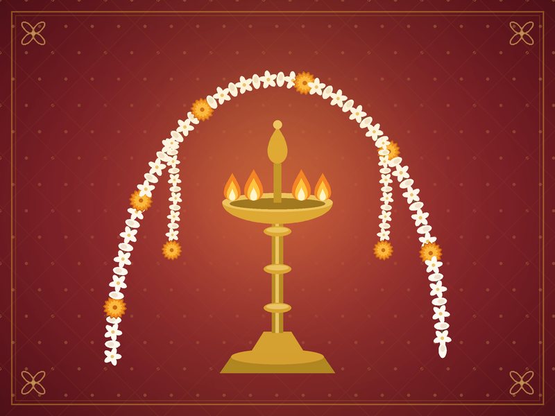 Illustration d'une lampe en laiton et d'une arche de jasmin, en rouge et or