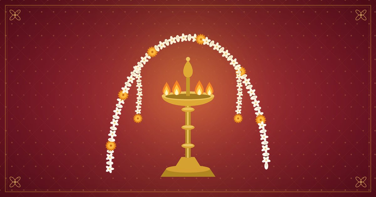 Illustration d'une lampe en laiton et d'une arche de jasmin, en rouge et or